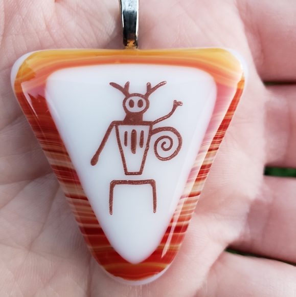 Stunning Handmade Glass and Silver Petroglyph Triangle Pendant - Picture 2 of 3